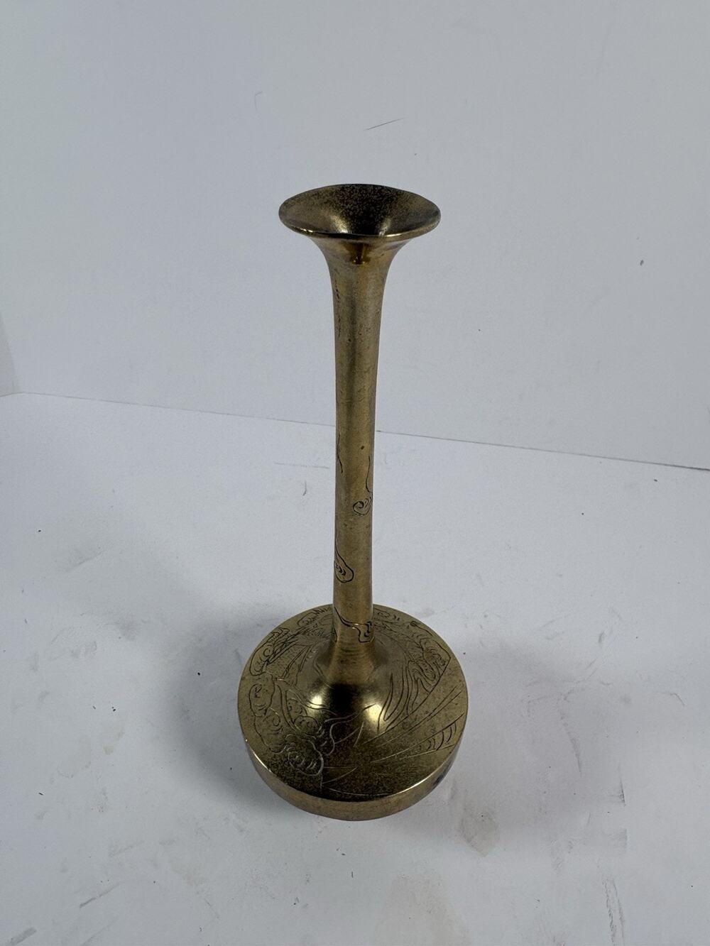 Vintage Brass Bud Vase Engraved Dragon Asian Chinese Decor 8.5” Tall Antique